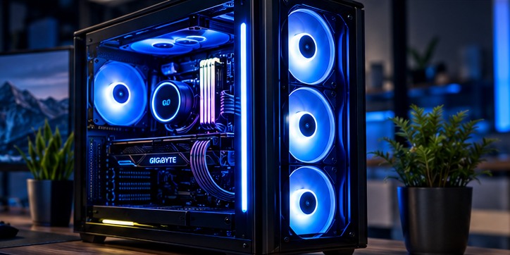 Illustrative example of a blue-lit custom gaming PC
